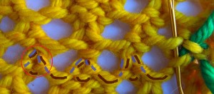 This is the path my yarn takes. It looks more confusing in this photo than it does when you're able to kind of pull the stitches to examine them from different angles.
