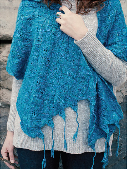 Bluebell Flames features an entrelac pattern. (We know I LOVE me some entrelac!) It is worked in Manos del Uruguay Silk Blend, which we have at the shop in a stunning array of solid colors.