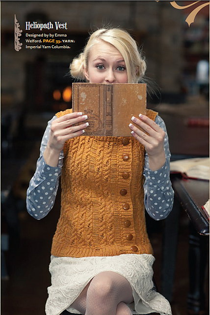 Heliopath Vest is so unique and yet so classic. It uses Imperial Stock Ranch Columbia, also at the shop. This heavy worsted / aran weight yarn cables beautifully!